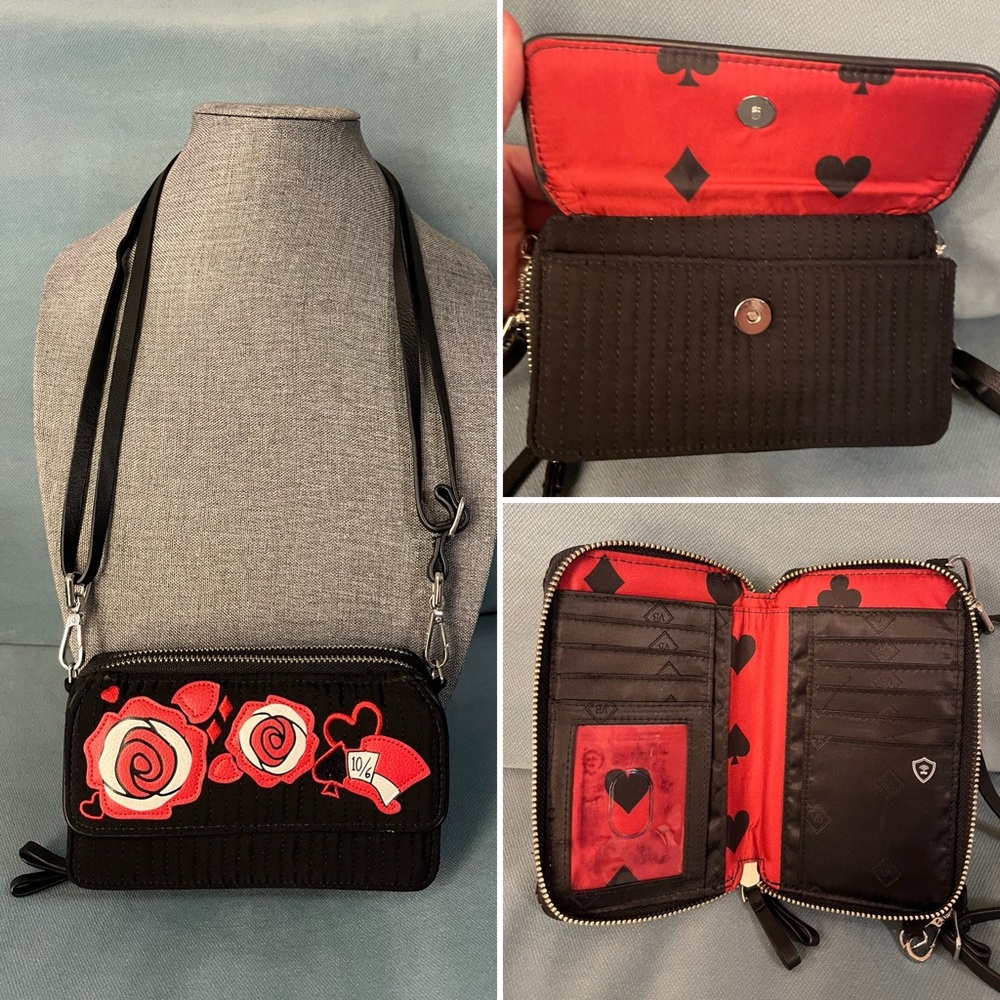 Vera Bradley Disney Alice Wonderland Roses Red Black Hatter Cross Wallet Purse